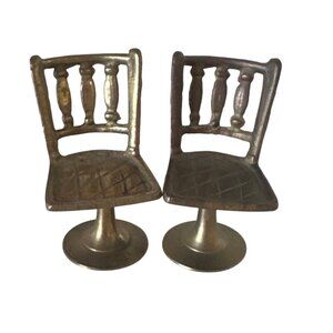 Vintage Brass Miniature Furniture Chairs Set Of 2 Solid Metal Pedestal Base 2.5"